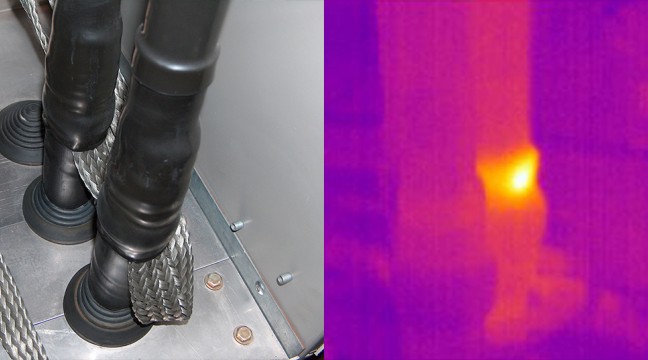 Exemple de défaut détecté en HAUTE TENSION : Échauffement sur tresse de terre du câblage d'une cellule HTA